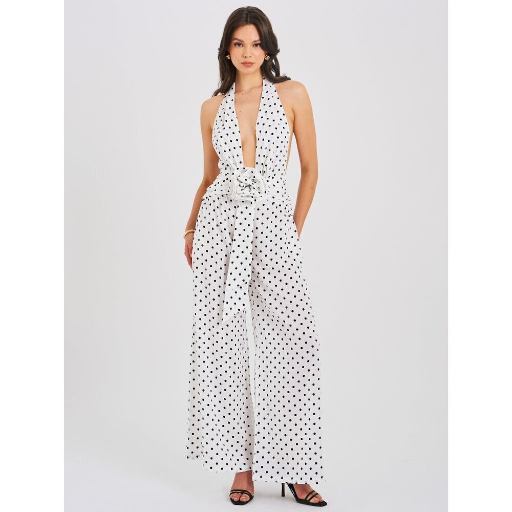 Oriana White Polka Dots Halter Jumpsuit